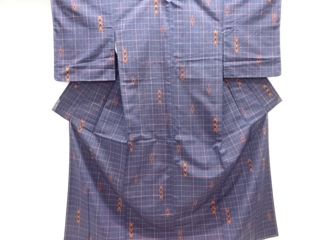 未使用品　格子に絣柄織り出し手織り紬着物